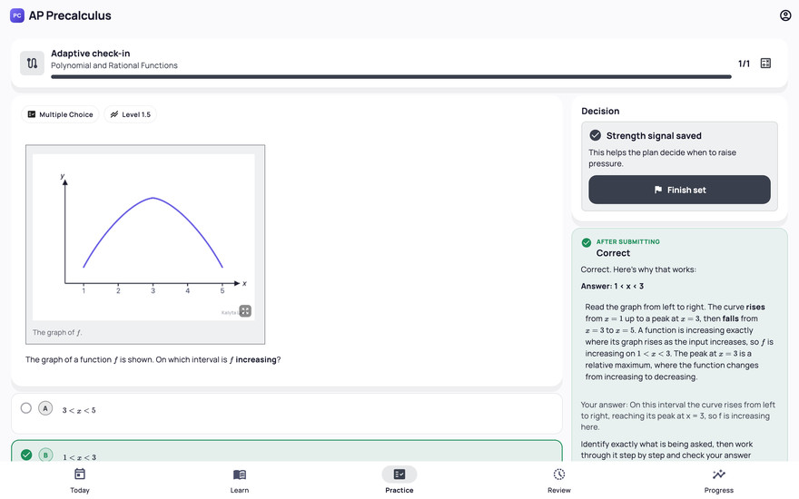 An adaptive check-in tagged multiple choice at level 1.5, showing the graph the question asks about.
