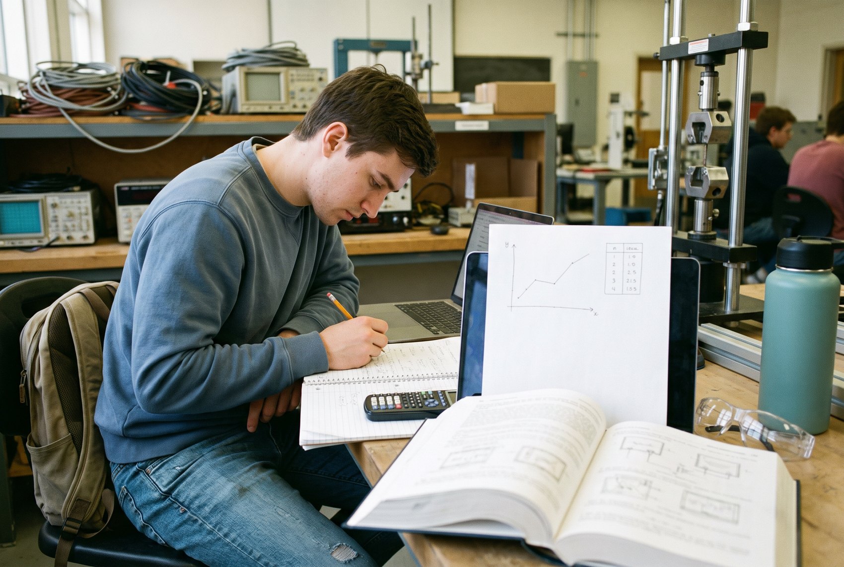 An engineering student studying for the FE at a workbench in a university lab, with a reference book, a calculator, handwritten notes and a laptop showing a graph.