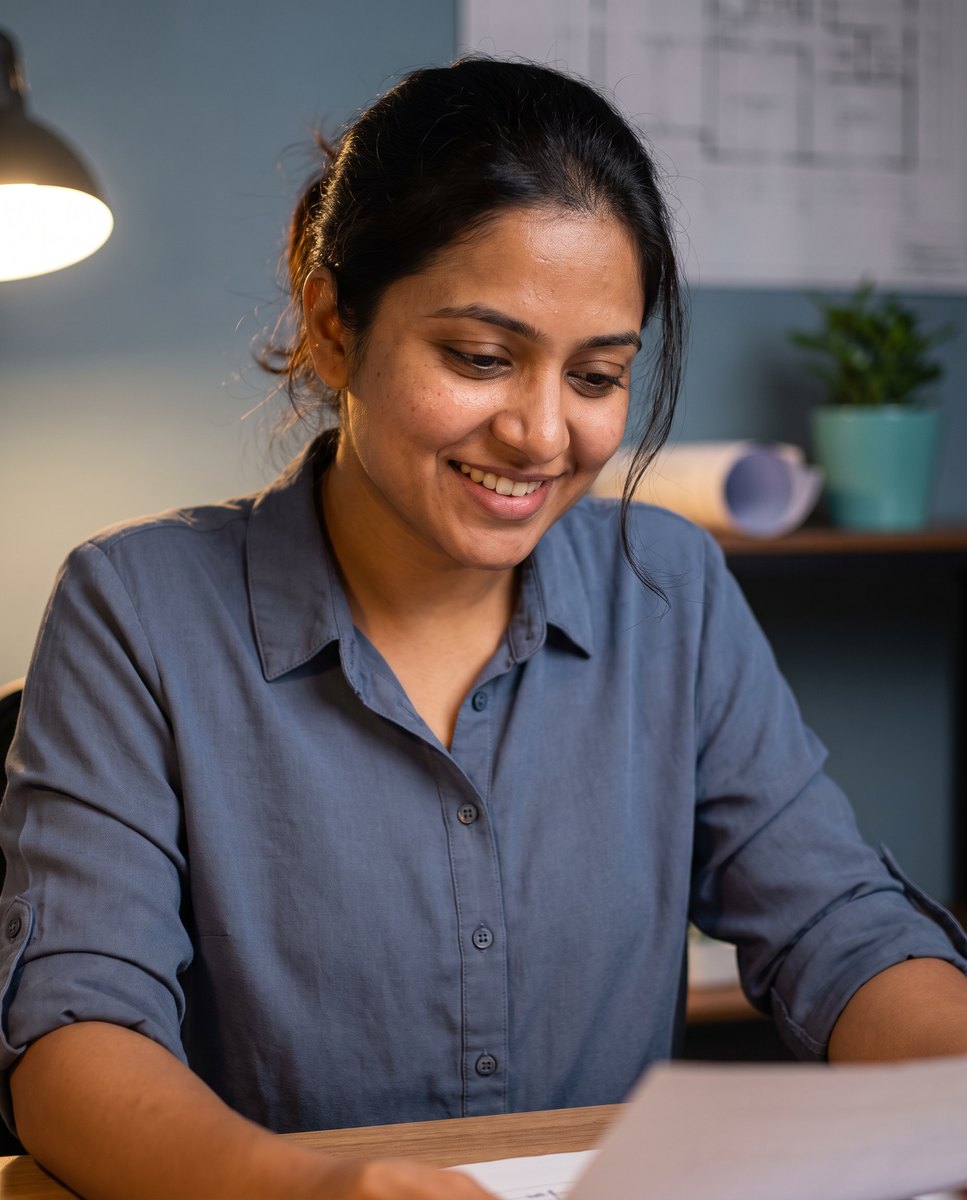 An engineer smiling as a concept clicks while working through calculations at a lamp-lit desk.
