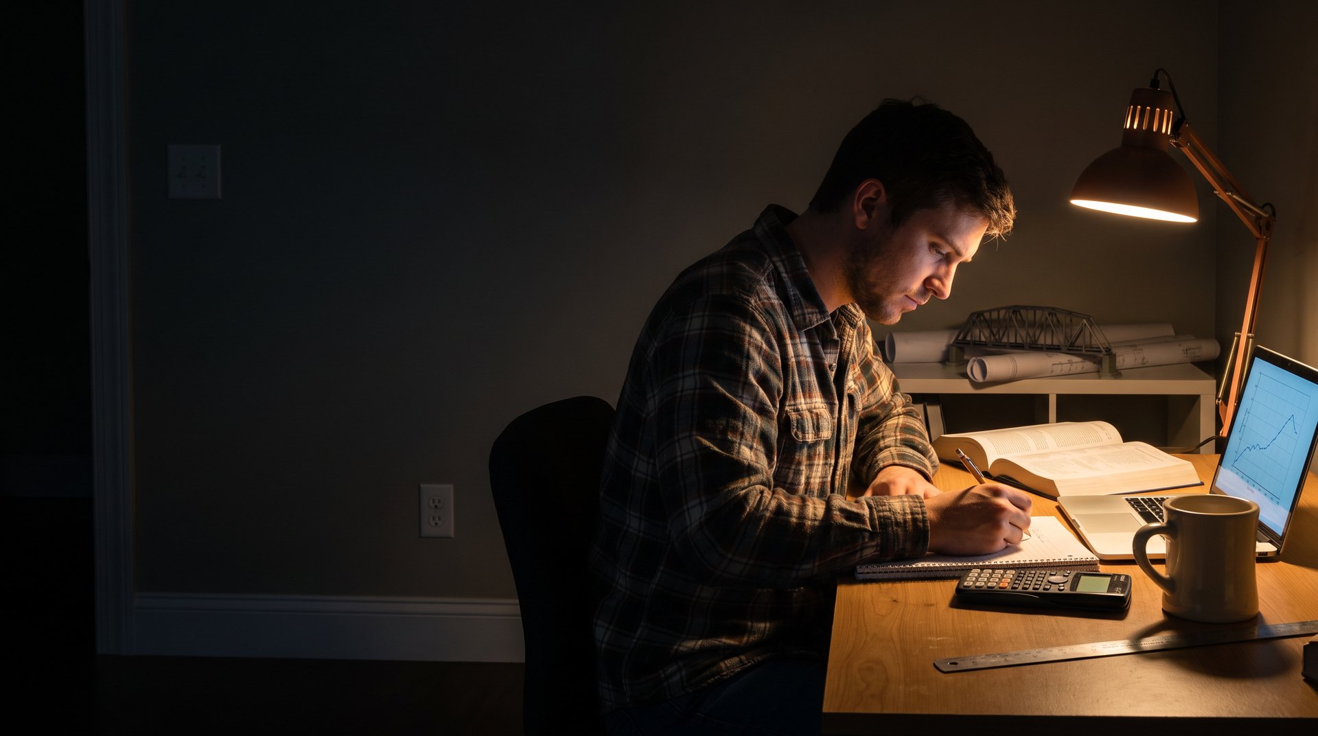 An engineer studying late at a lamp-lit desk in an American home, writing calculations beside an open reference book, a scientific calculator, rolled blueprints and a steel truss bridge model.