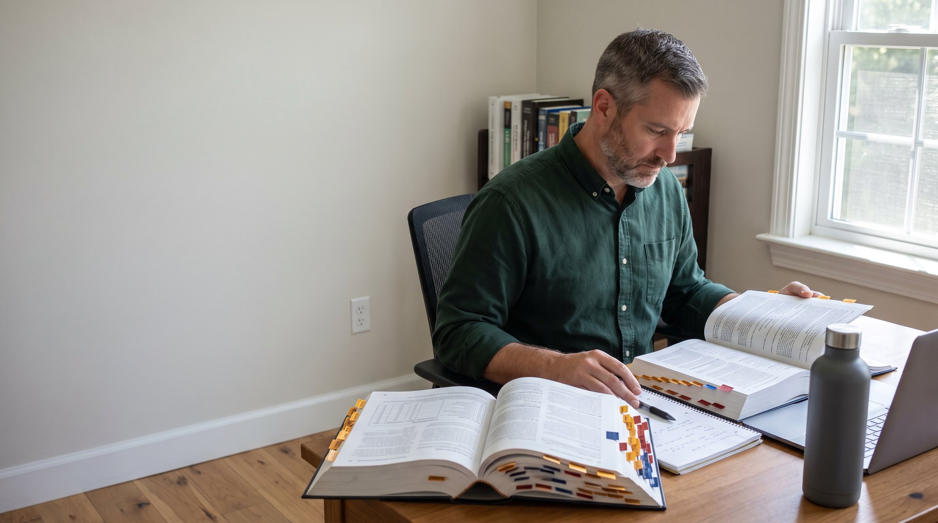 A building inspector in his late forties working through a heavily tabbed code book at a desk in an American home study, a second tabbed volume and a spiral notebook of handwritten notes beside him.