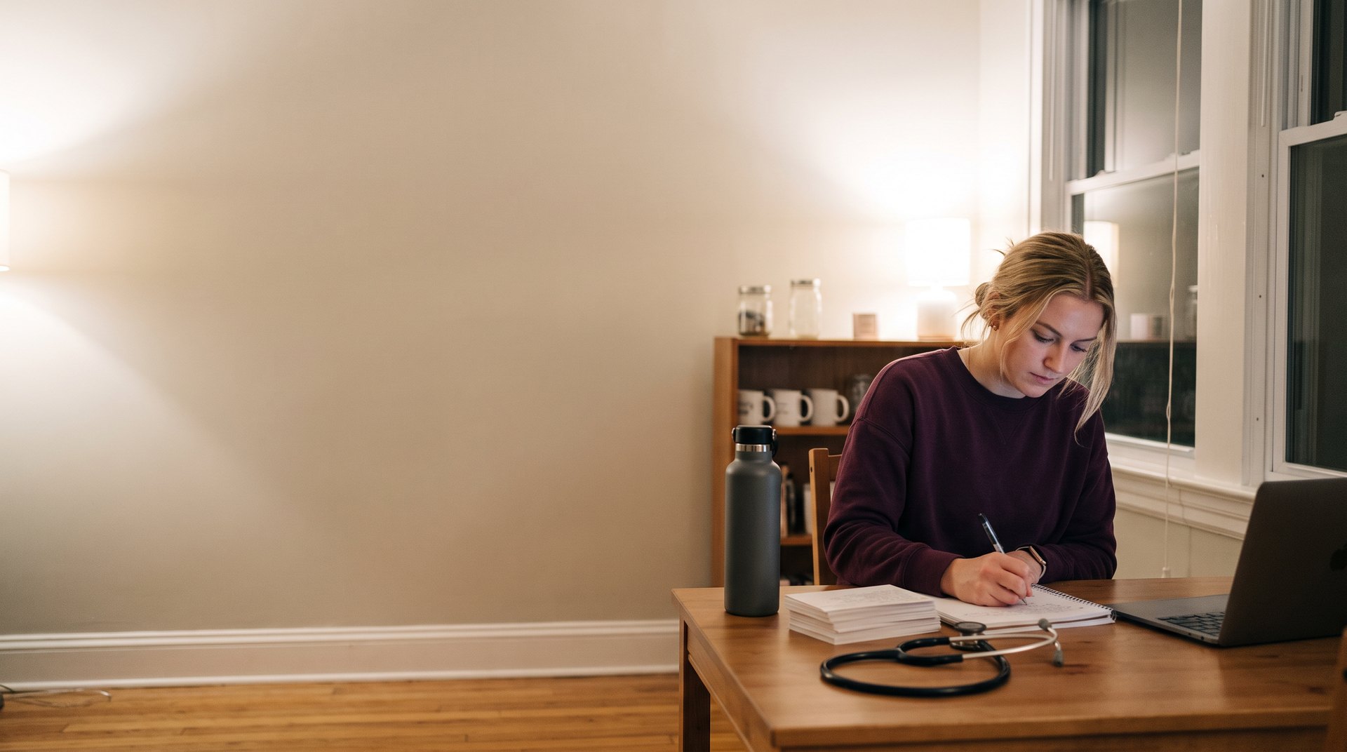 A nursing student with blond hair tied back, in a plum sweater, writing notes at a wooden desk by a window in the evening, a stack of index cards, a coiled stethoscope and a water bottle on the desk, a laptop at its edge and a shelf of mugs behind her.