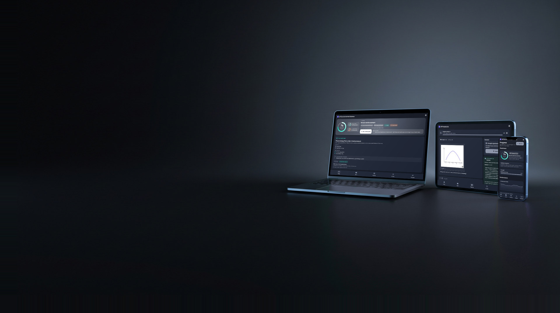 A laptop, tablet and phone on a dark studio backdrop, each showing the Kalyta app: the daily plan, a practice question and a progress dashboard.