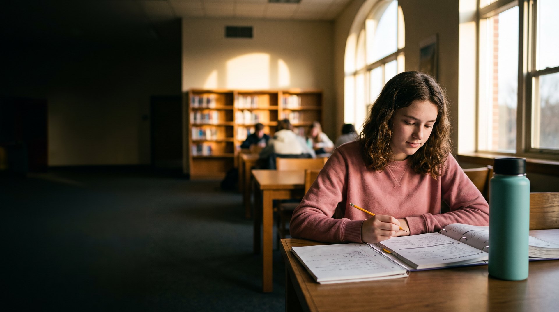 A high school student working through practice questions for a college admissions test at a school library table in the late afternoon.
