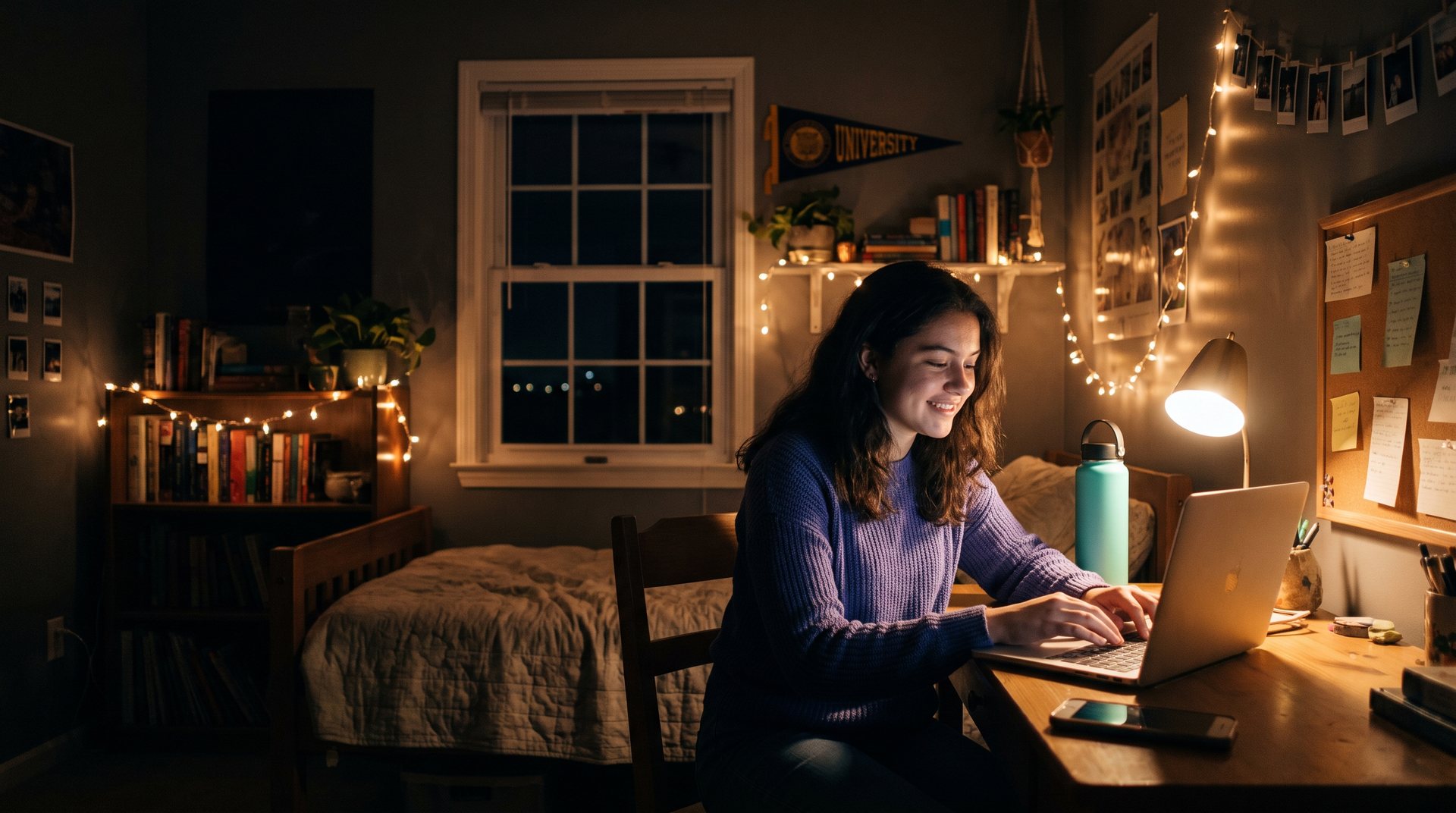 A high school student studying calmly at a sunlit desk at home.