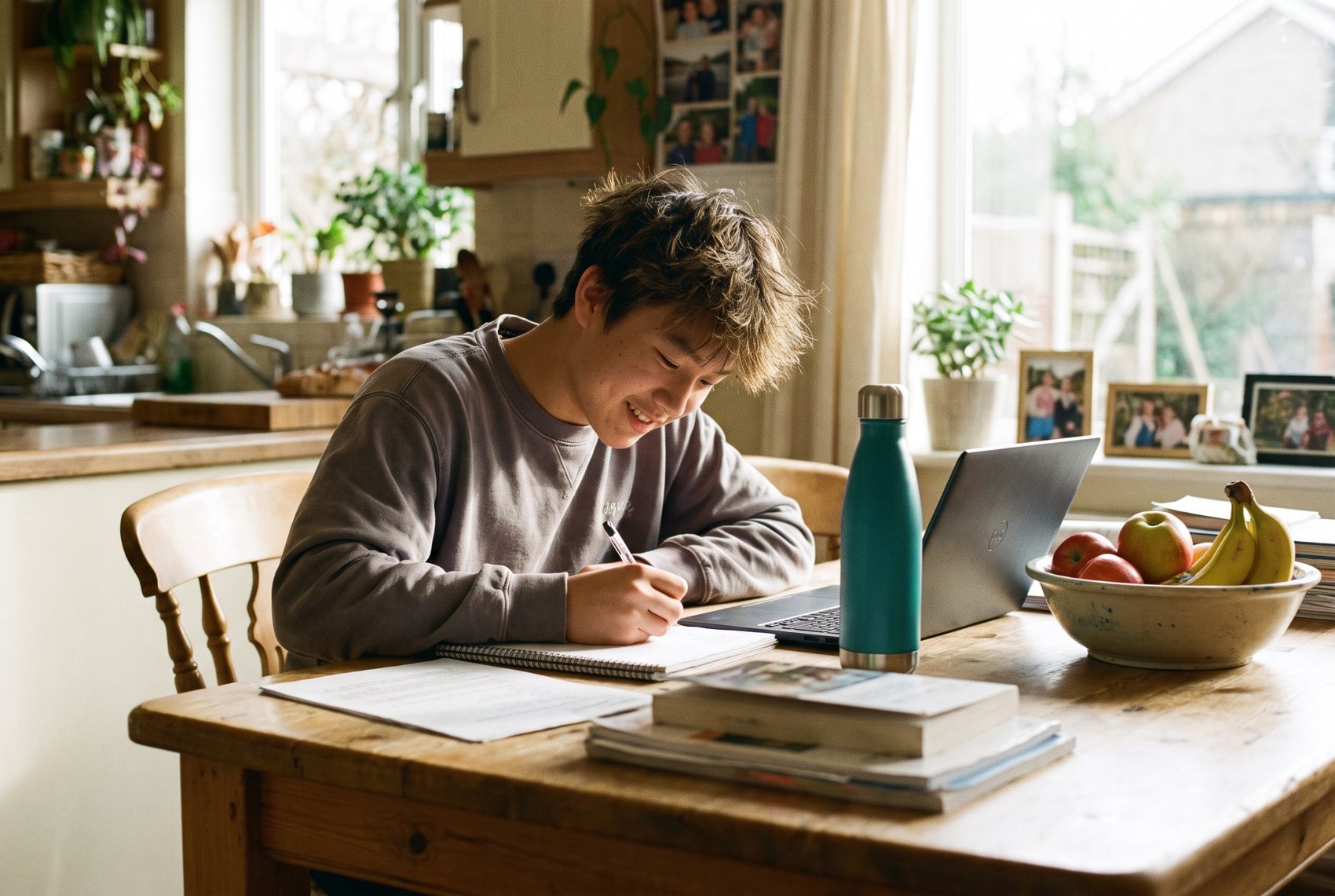 A student learning at their own pace at a sunlit kitchen table.