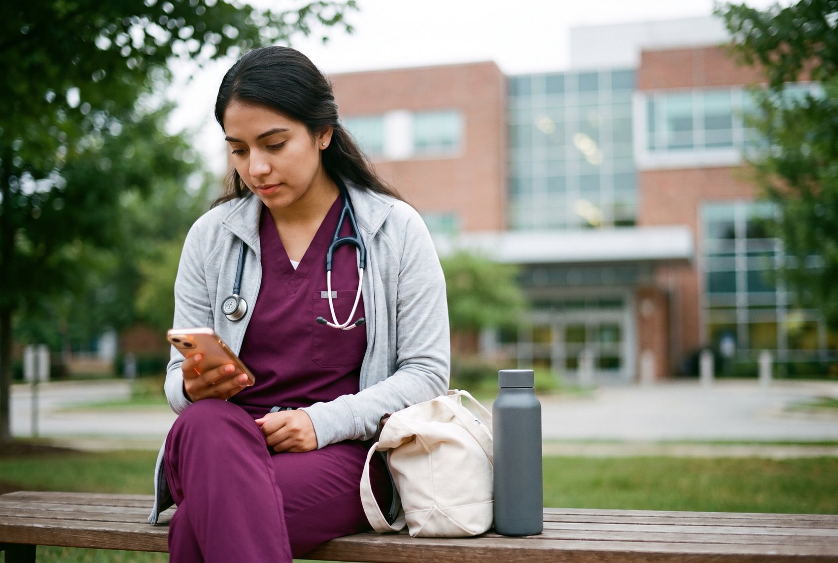 A new graduate nurse in plum scrubs and a grey jacket, a stethoscope around her neck, reviewing a practice question on her phone on a bench outside a hospital in the morning.