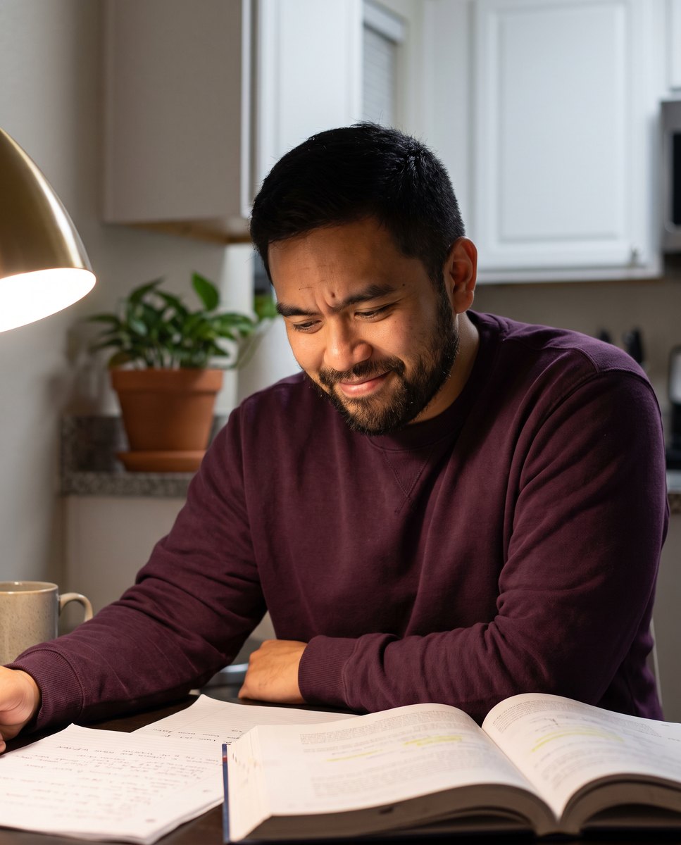 A young man in a plum sweatshirt smiling as a concept clicks while he studies at his kitchen table in the evening, an open textbook and handwritten notes in front of him under a desk lamp.