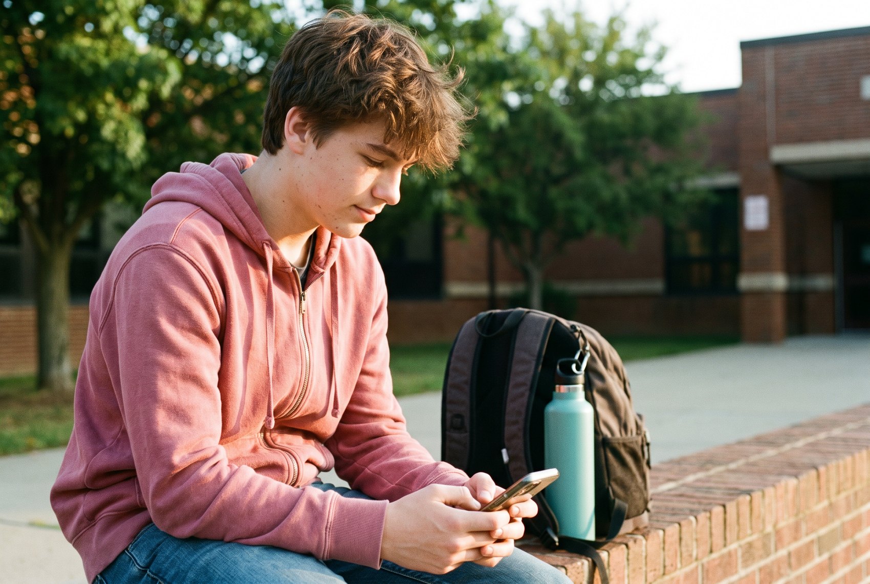 A high school student sitting on a low wall outside school, working through a practice question on their phone.