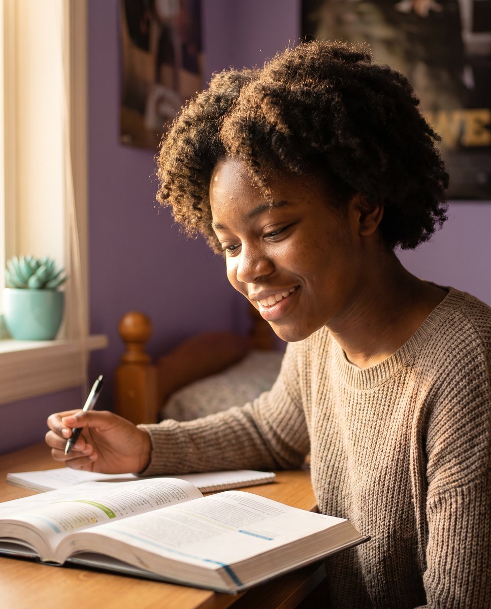 A student smiling as a concept clicks while studying at a desk.